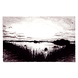 A very high contrast India ink and water landscape painting of the sun setting behind a wetland pond and sawgrass silhouettes in the foreground. Painting by Sebastian Aravena.