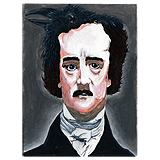 Gouache stylized portrait of author Edgar Allan Poe with a raven growing out of his hair. Painting by Sebastian Aravena.