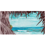 Gouache landscape painting of a surf break on a sunny day framed by palm fronds. Painting by Sebastian Aravena.