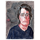 Gouache stylized portrait painting of author Stephen King with a profile of a large mastiff (Cujo) in the background. Painting by Sebastian Aravena.