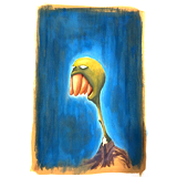 Gouache painting of a large-toothed cartoon monster with a long neck. Painting by Sebastian Aravena.