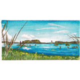 Gouache plein air landscape painting of two islands on a pond in florida wetlands framed by sawgrass in the foreground. Painting by Sebastian Aravena.