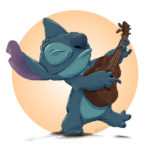 Digital painting of Stitch from Disney's Lilo & Stitch happily playing a ukulele. Painting by Sebastian Aravena.