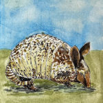 Watercolor painting of an armadillo eating on the grass. Painting by Sebastian Aravena.